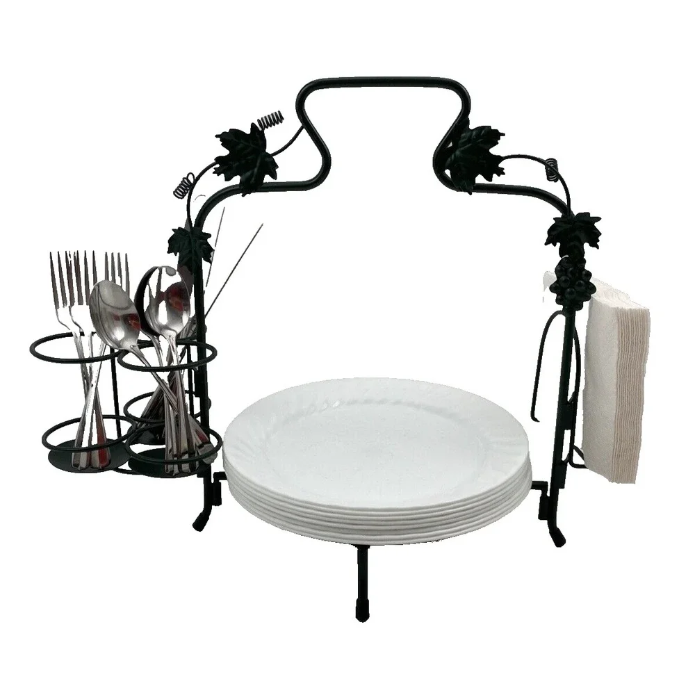 Buffet Plate or Pie Caddy with Utensils & Napkin Holder Green Grapevine Motif